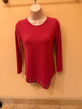 Soft Surroundings Long-Sleeve Scoop Neck Top Asymmetrical Eyelet Hem XS P